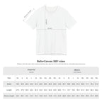 White t-shirt with measurement chart on a white background