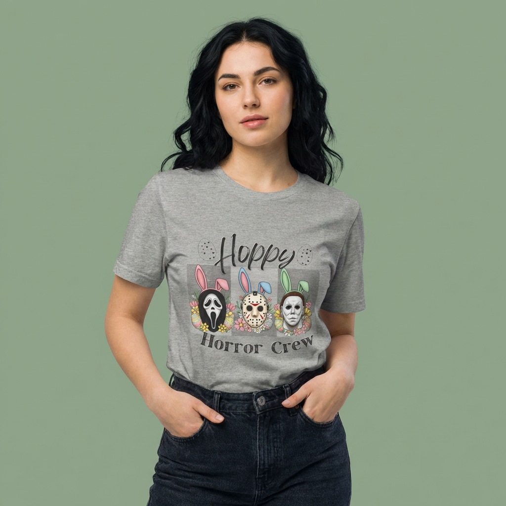 Woman wearing a gray t-shirt with a graphic design and text on a green background