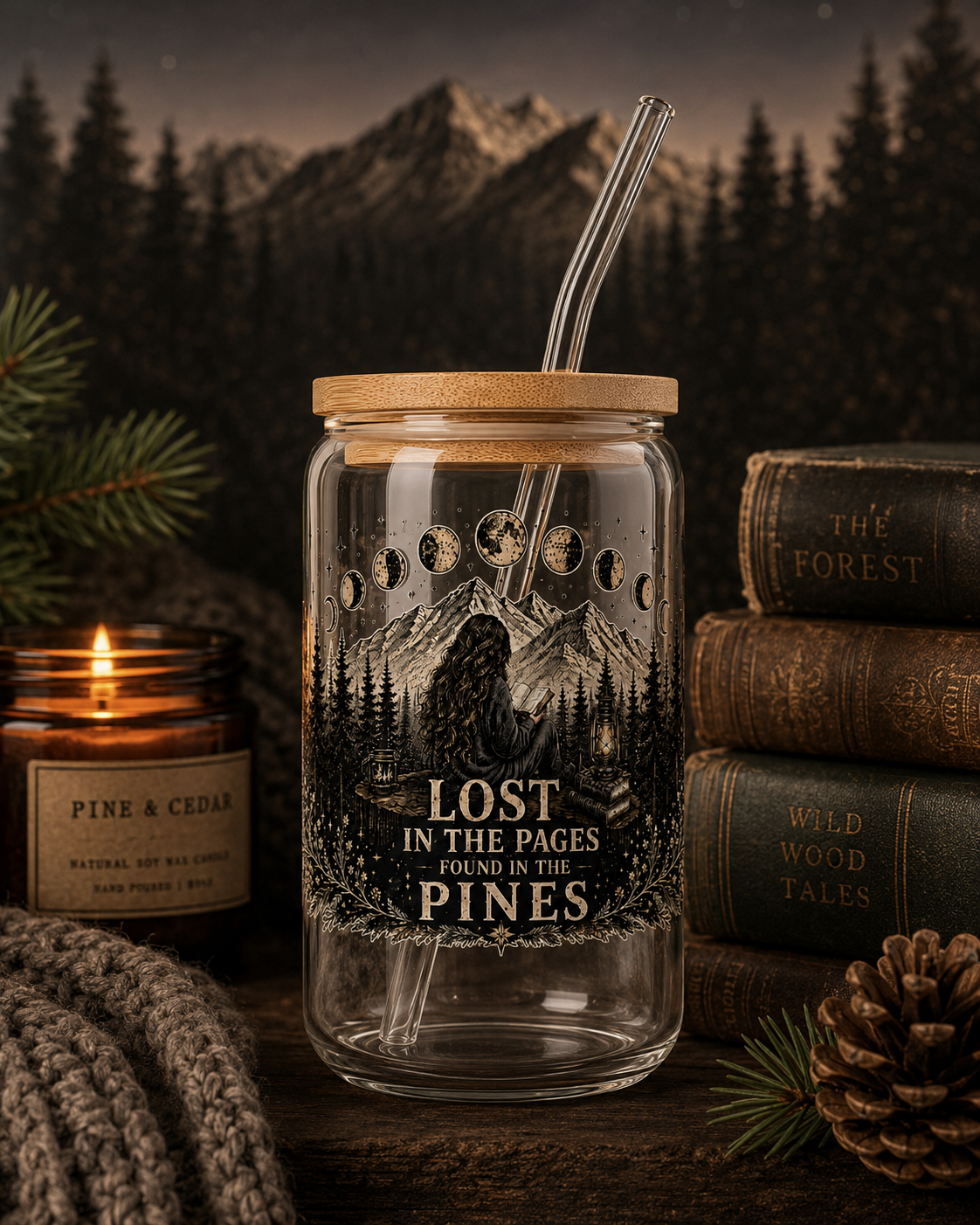 A clear glass tumbler with a bamboo lid and glass straw, printed with a dark forest and mountain illustration and the phrase 'LOST IN THE PAGES FOUND IN THE PINES.' It is styled on a rustic wooden surface with books, a candle, pine branches, and a knit blanket against a moody mountain-and-tree background.