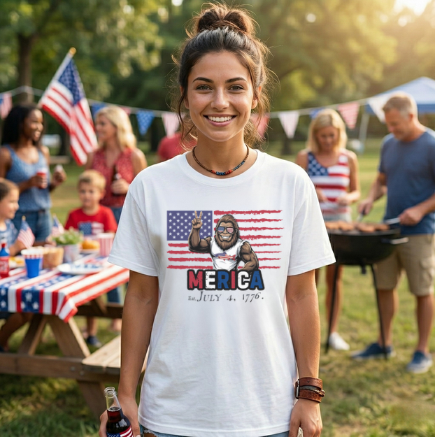 Woman wearing a t-shirt with a graphic design at a outdoor gathering.