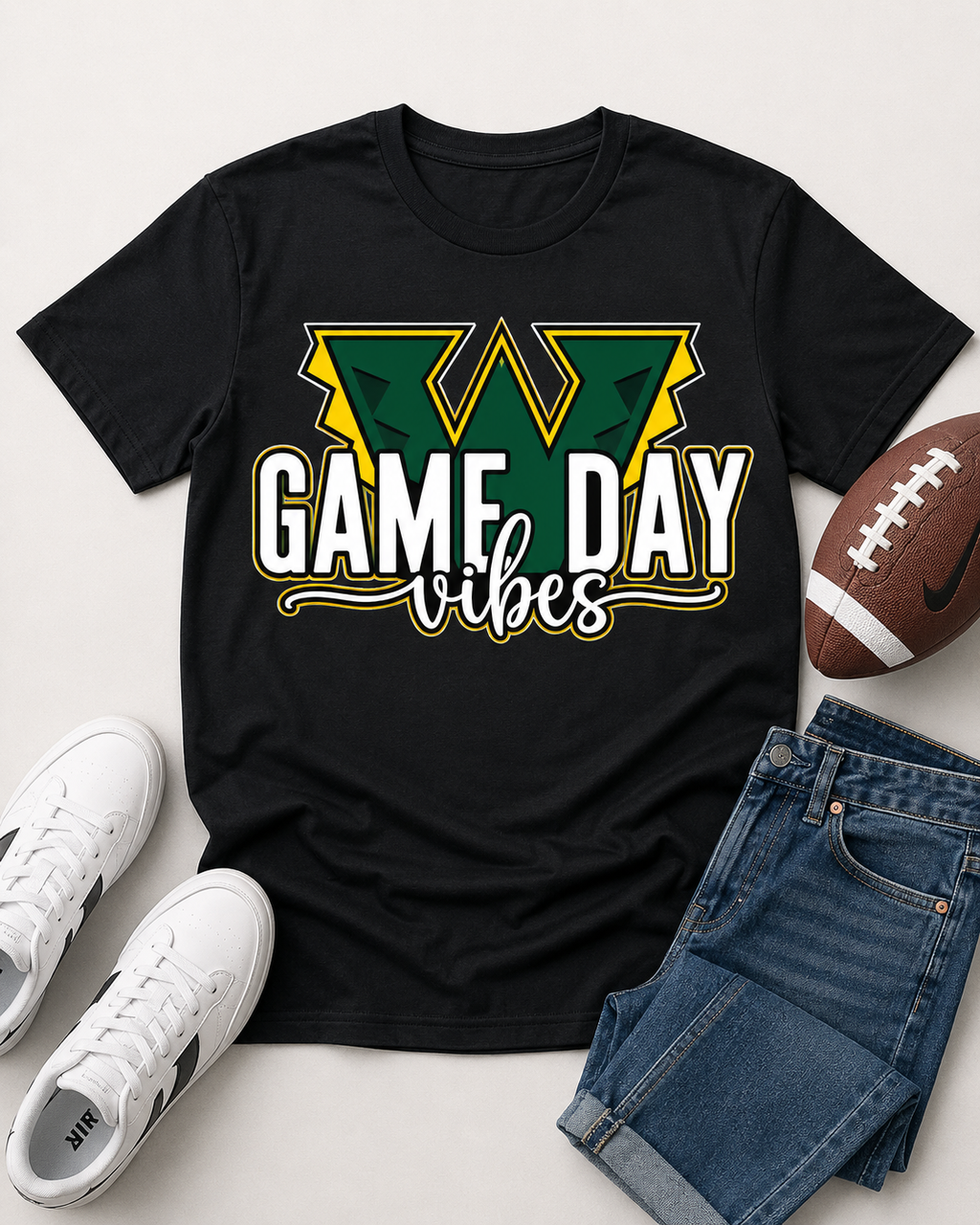 Shop the Warriors Game Day Vibes Shirt in black or white. A green and gold unisex football tee perfect for parents, fans, coaches, and team spirit.