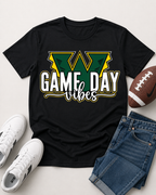 Shop the Warriors Game Day Vibes Shirt in black or white. A green and gold unisex football tee perfect for parents, fans, coaches, and team spirit.