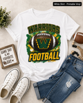 A white graphic t-shirt featuring a 'Warriors Football' design with a green and yellow football, styled in a flat-lay arrangement with blue jeans, white sneakers, a small decorative sign, and a football on a light beige background.