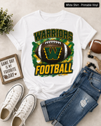A white graphic t-shirt featuring a 'Warriors Football' design with a green and yellow football, styled in a flat-lay arrangement with blue jeans, white sneakers, a small decorative sign, and a football on a light beige background.