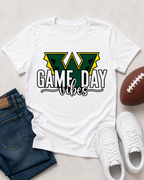 Shop the Warriors Game Day Vibes Shirt in black or white. A green and gold unisex football tee perfect for parents, fans, coaches, and team spirit.