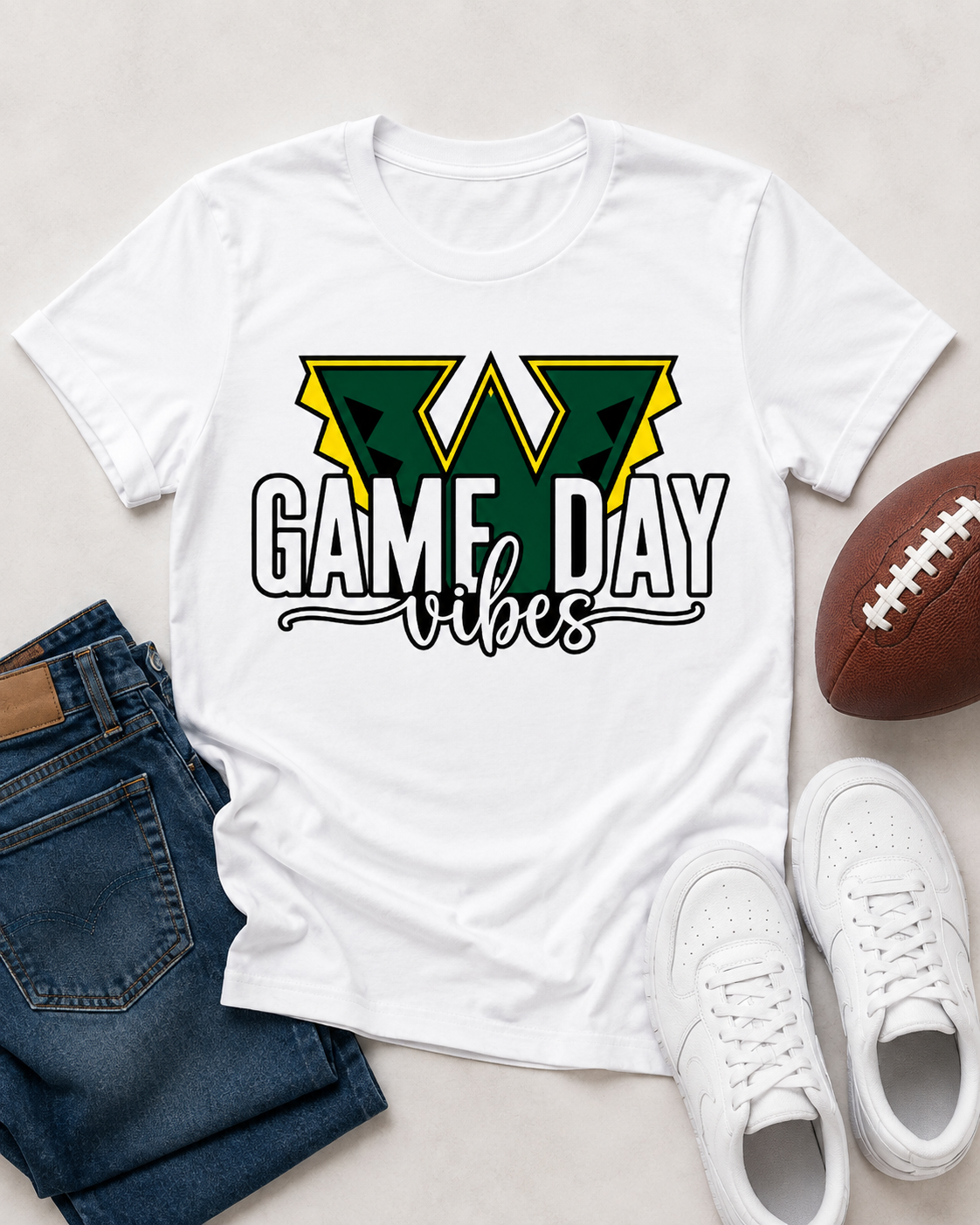 Shop the Warriors Game Day Vibes Shirt in black or white. A green and gold unisex football tee perfect for parents, fans, coaches, and team spirit.