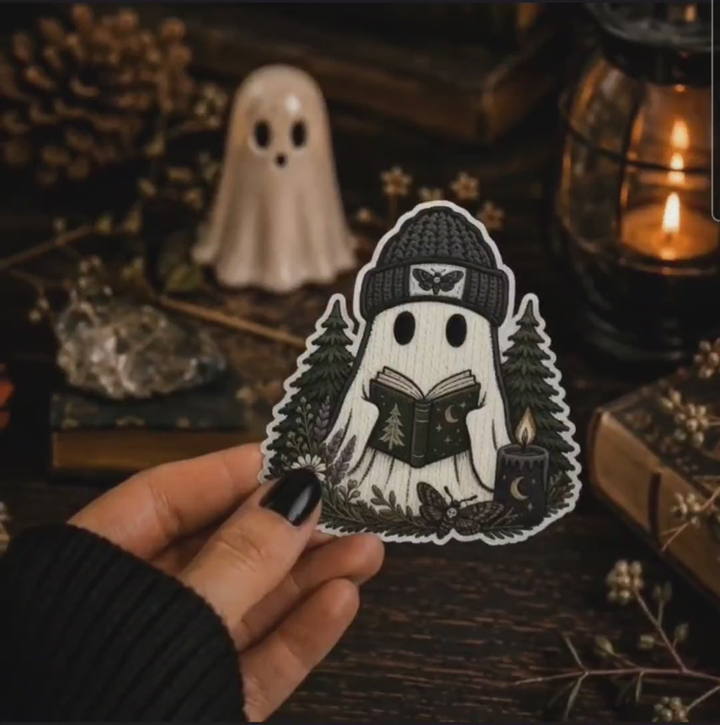 Bookish Ghost Sticker | Cozy Spooky Reading Ghost with Moth & Forest Design